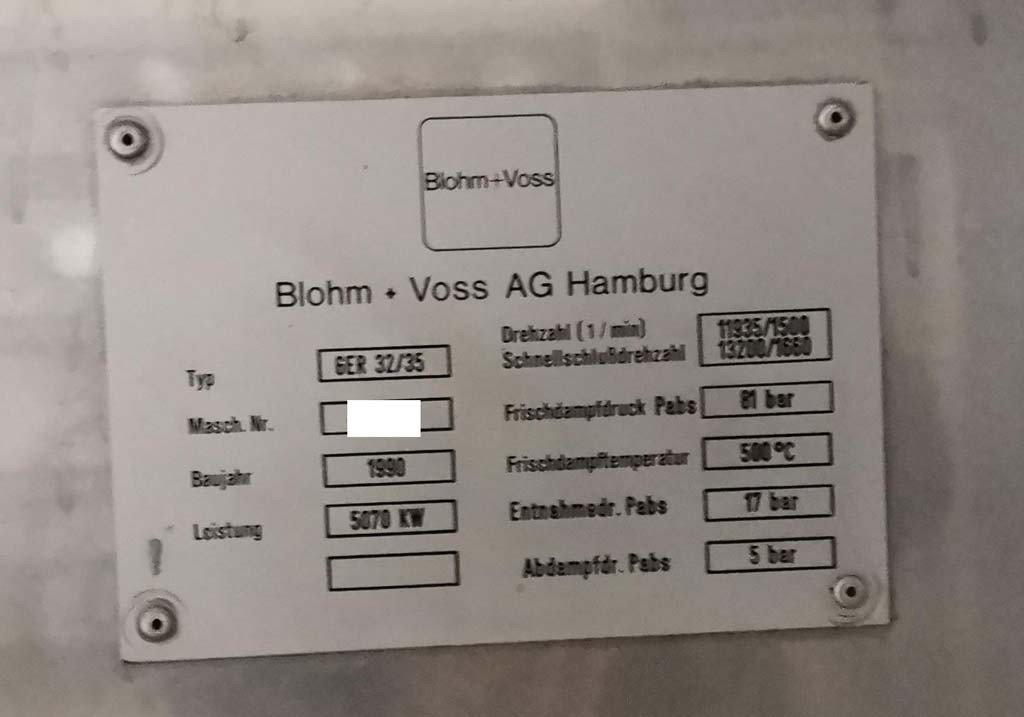 Blohm & Voss GER 32/35 Dampfturbine inkl. der 5 MW Generatorkompaktanlage zu verkaufen