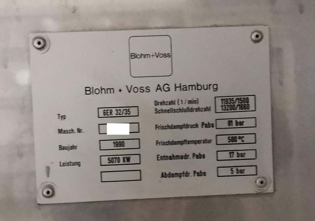 Blohm & Voss GER 32/35 steam turbine incl. the 5 MW generator compact unit for sale