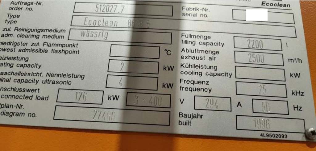 Dürr Ecoclean 86 W 5 Waschmaschine für die Metallteile zu verkaufen