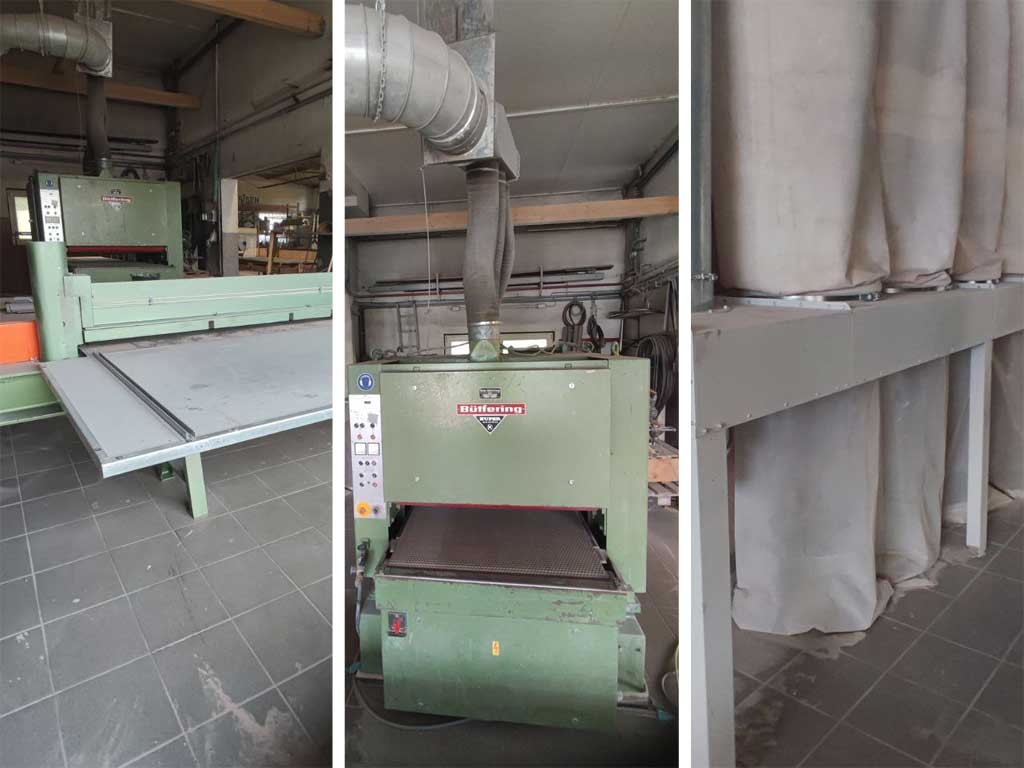 3x woodworking machines saw with the table, wide belt sander, exhaust system for sale